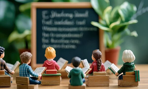 A classroom scene with miniature figures reading books in front of a chalkboard.