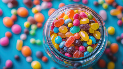Brightly colored candy jar showcases vibrant sweets in playful arrangement on a blue background