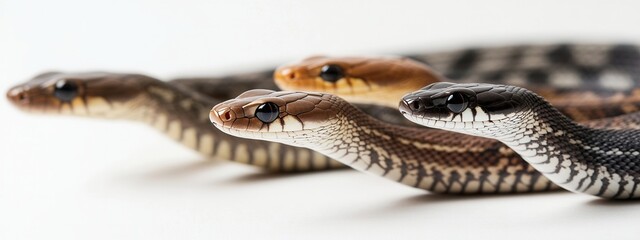 Naklejka premium Close-up View of Four Colorful Snakes Showcasing Unique Patterns and Textures on a White Background