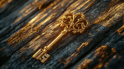 Golden antique key with ornate details on rustic wooden surface