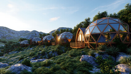 Modern mountain resort featuring polygonal cabins surrounded by lush greenery and rocky terrain, offering serene escape in nature