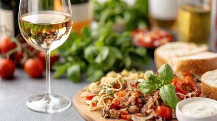 Pasta dish with white wine, tomatoes, and basil
