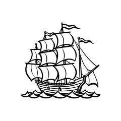 Black and White Vector Silhouette of a Vintage Sailing Ship on Waves