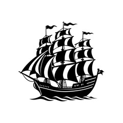 Black and White Vector Silhouette of a Vintage Sailing Ship on Waves