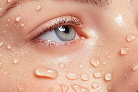 A zoomed-in view of hydrated skin with droplets of water, symbolizing moisture and health 