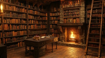 Obraz premium Dark Oak Library with Bookshelves and Cozy Fireplace Interior