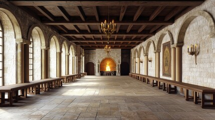 Grand Medieval Hall with Wooden Tables and Stone Walls
