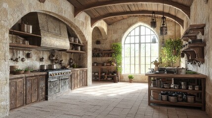 Fototapeta premium Inviting Medieval Kitchen with Rustic Features and Large Window