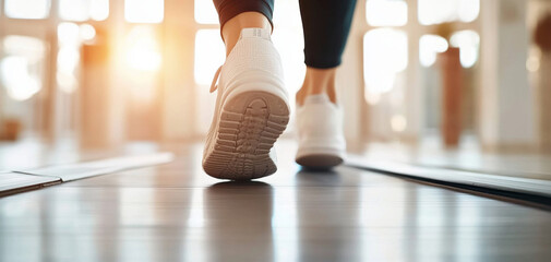 Walking on treadmill in fitness center, Running on a treadmill with athletic shoes enhances workout efficiency, supporting fitness goals, motivation, and a healthy exercise regime