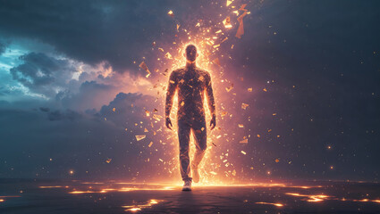 Obraz premium Abstract Employee Burnout Depicted as a Radiant Figure Drained of Energy in a Futuristic Glow