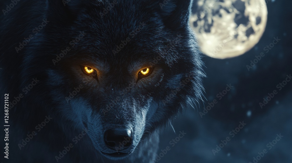 Poster majestic wolf gazes under the full moon in a nighttime forest setting with a mysterious atmosphere. 