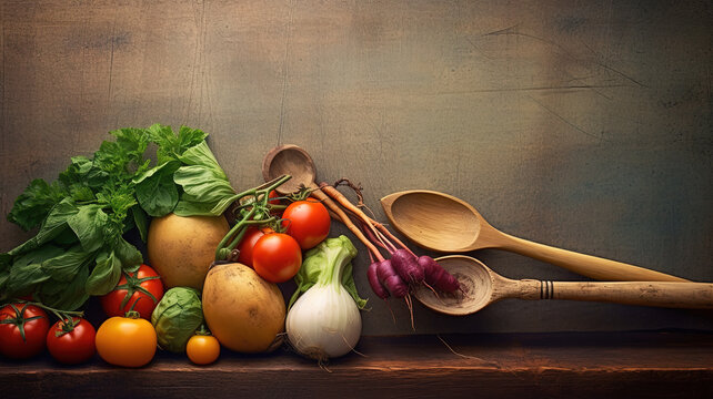 Fresh Organic Vegetables and Wooden Spoon on Vintage Background