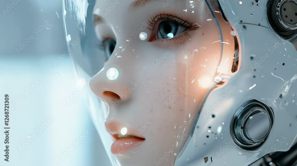 Poster A humanoid robot face displays intricate features and emotional depth. Soft lighting reveals the unique blend of technology and vulnerability, inviting curiosity about the future of robotics.