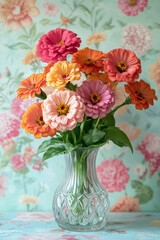 Retro style zinnia cut flowers in a glass flower vase and floral wallpaper background
