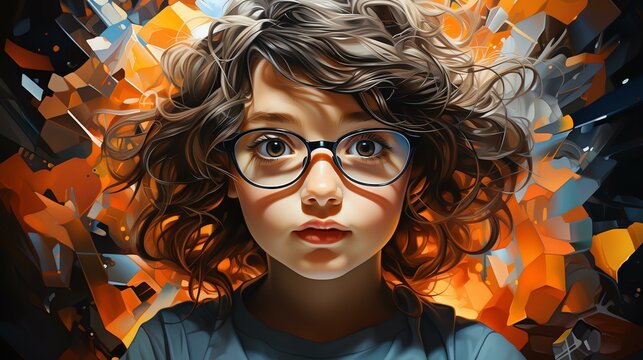 Curious child with curly hair and glasses against colorful background, World Autism Awareness Day concept