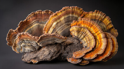 A professional studio capture of a rare bracket fungus with intricate layers and dynamic, flowing shapes