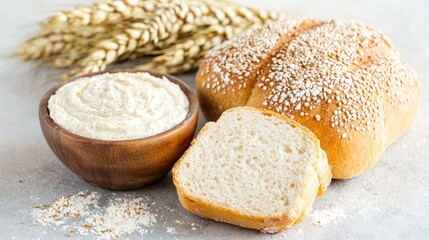 Naklejka premium Freshly baked oat bread loaf with a cut slice, sourdough starter in a wooden bowl, and wheat ears on a rustic grey background.