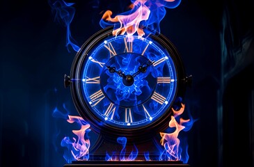 Obraz premium Large black clock burning with a blue flame against a stark black background