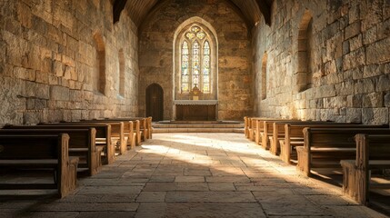Obraz premium Peaceful Medieval Chapel Interior with Wooden Pews and Sunlight