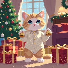 ragdoll kitten in holiday outfit with jingle bells, decorating for Christmas, living room scene, 3D illustration, commercial use