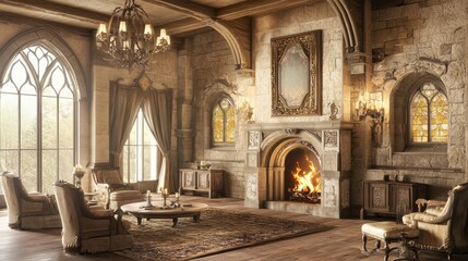 Fototapeta premium Elegant Medieval Parlor Featuring Ornate Wood Elements and Fireplace