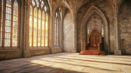 Obraz premium Majestic Medieval Throne Room with Stained Glass Windows