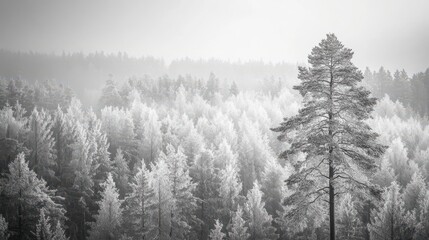 Naklejka premium A forest background image showcasing a black-and-white photograph of an expansive Scandinavian forest, with tall trees covered in frost against the backdrop of a hazy sky