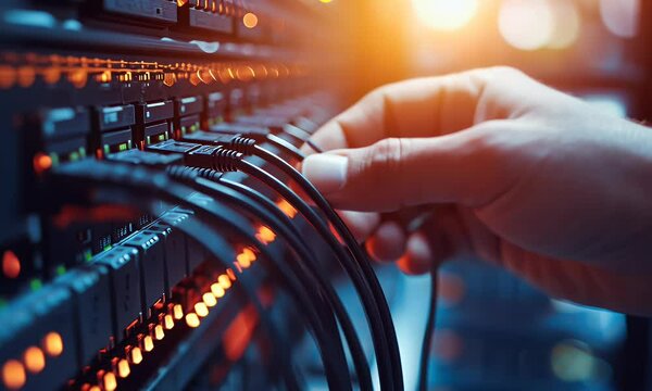 A close-up of a hand connecting cables in a server rack, highlighting technology and networking.