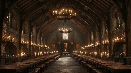 Obraz premium Majestic Medieval Great Hall with Long Wooden Tables and Candles
