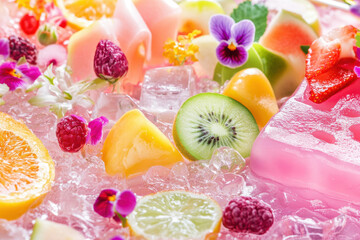 Vibrant Fresh Fruits and Flowers Arranged on Ice with Kiwi, Citrus, and Raspberries