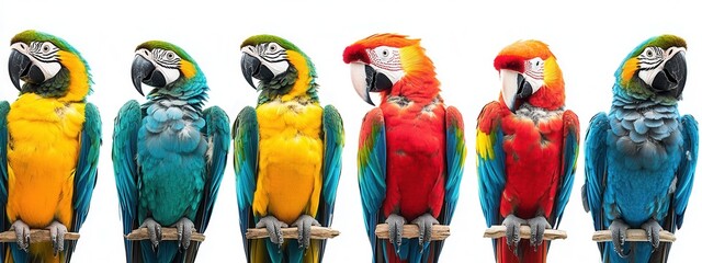Vibrant Colorful Macaws Displaying a Rainbow of Feathers on a White Background