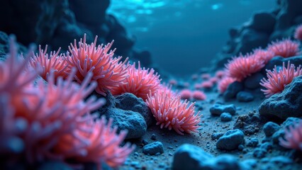 Obraz premium Close-up of glowing underwater coral with bioluminescent anemones in deep sea 