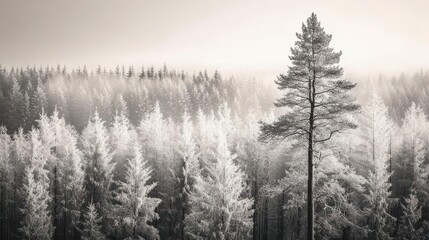 A forest background image showcasing a black-and-white photograph of an expansive Scandinavian forest, with tall trees covered in frost against the backdrop of a hazy sky