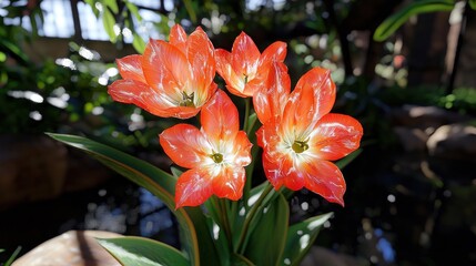 Fototapeta premium Vibrant orange tulips in a greenhouse setting
