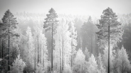 A forest background image showcasing a black-and-white photograph of an expansive Scandinavian forest, with tall trees covered in frost against the backdrop of a hazy sky