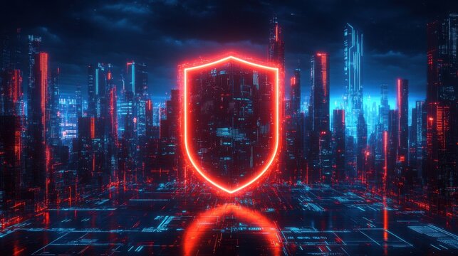 Futuristic shield in neon cityscape design