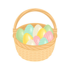 Easter basket with easter eggs painted in pastel colors. Vector cartoon flat illustration