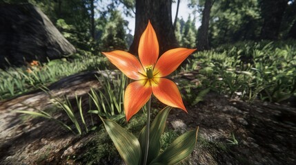 Obraz premium Orange flower in forest clearing, detailed close-up. Possible use nature, spring, botanical, wallpaper