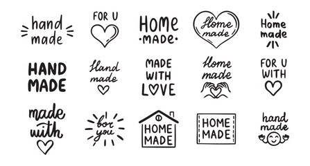 vintage old style hand made and made with love labels writings set. Hand drawn doodle outline drawing hand made line clipart symbol