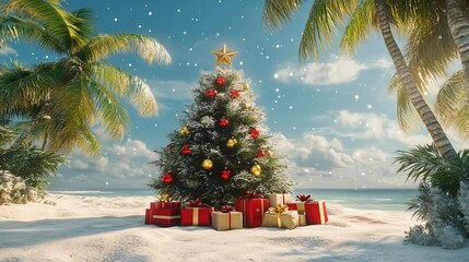 Christmas Tree on the beach Merry Christmas Present gift box Happy New Year Winter Holidays
