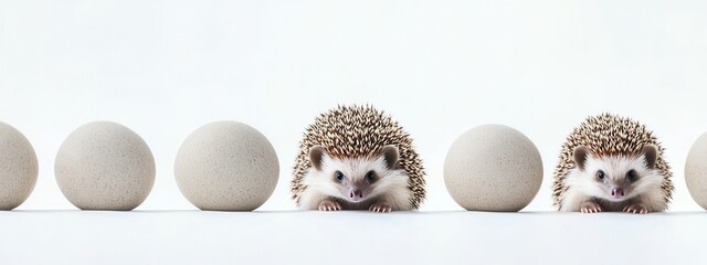 Cute Hedgehogs with White Eggs on Clean Surface in Minimalist Style
