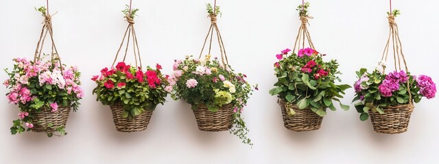 Fototapeta premium Hanging Flower Baskets with Vibrant Blossoms in a Bright and Cheerful Indoor Setting
