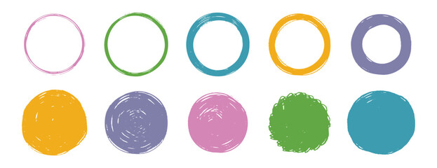 Scribble grunge circle vector frame set. Hand drawn rough colorful scribble round line. Crayon brush stroke scribble frame. hand drawn doodle circle set.