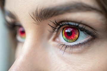 Fototapeta premium A macro shot of an eye wearing bold, neon-colored contact lenses, emphasizing an unconventional or artistic eye look.
