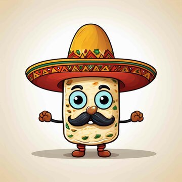 recommend clip art: Burrito with mustache and wearing a sombrero Mexican hat cartoon mascot illustration