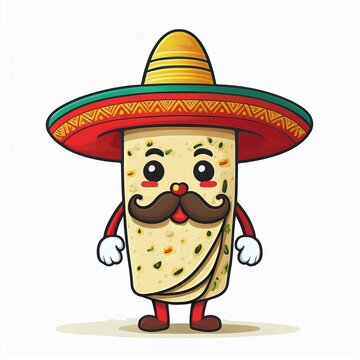 recommend clip art: Burrito with mustache and wearing a sombrero Mexican hat cartoon mascot illustration