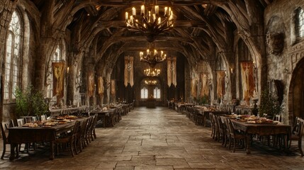 Fototapeta premium Grand Medieval Hall With Tall Wooden Beams and Rustic Atmosphere