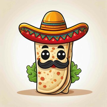 recommend clip art: Burrito with mustache and wearing a sombrero Mexican hat cartoon mascot illustration