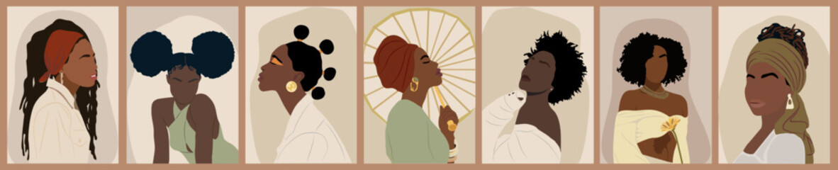 A series of black women abstract boho style posters.  Pretty african ladies with different hairstyles and ethnic accessories.  © Creative_Juice_Art