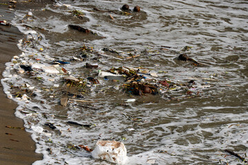 Beach pollution. Plastic bottles and other trash on sea beach